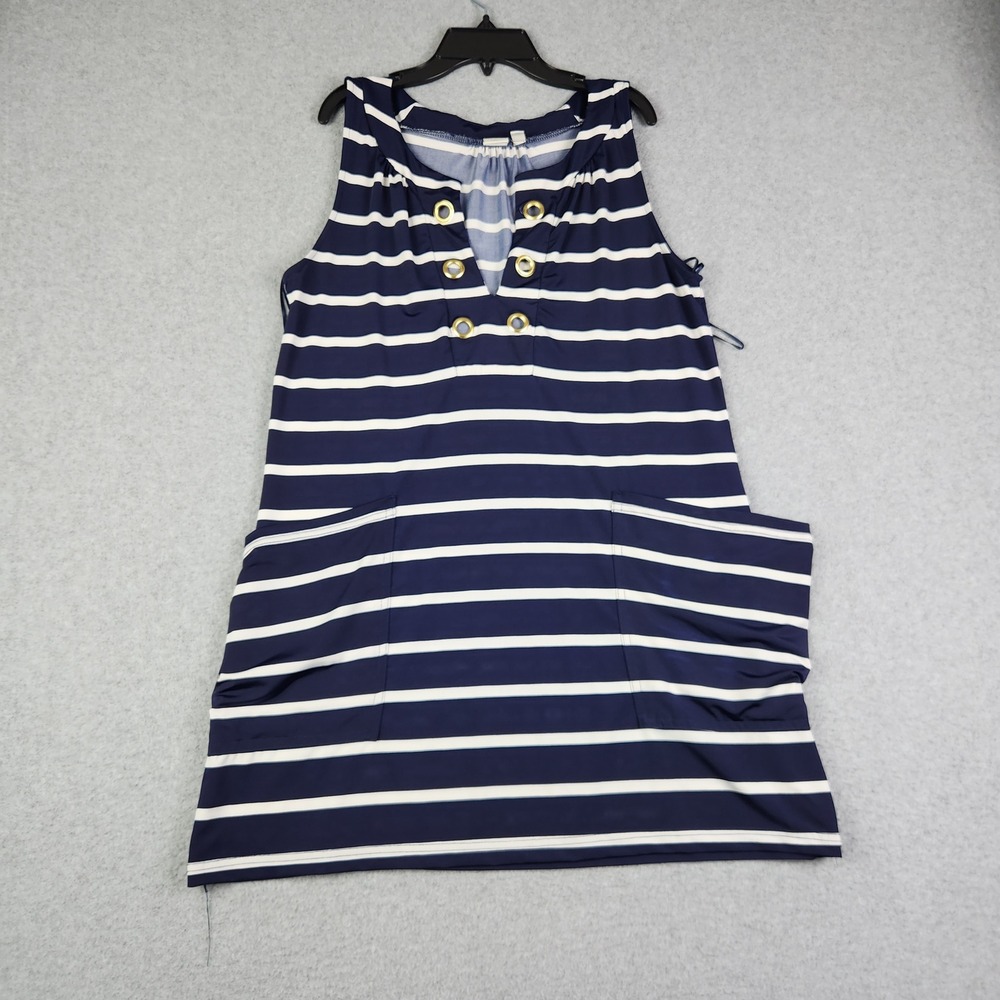 Saint Tropez West Tunic Top Women S Navy White Striped Sleeveless Grommet V-Neck